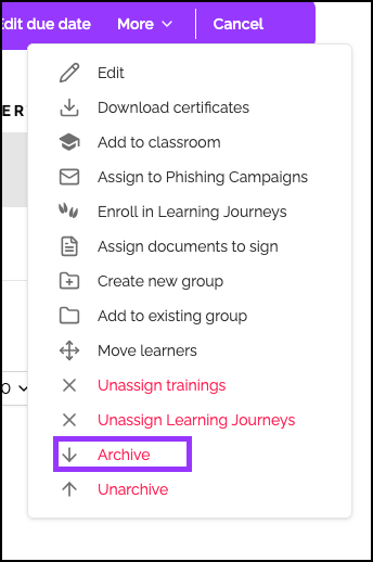 Archive Learners, More > Archive, How to Archive Learners, Learners > select learners > more > archive