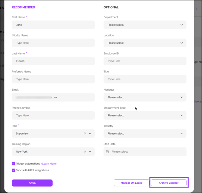 Archive Learner, Archive the Learner Profile, Individually archive learner profile