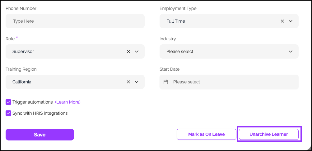 Unarchive learner, learner profile unarchive learner
