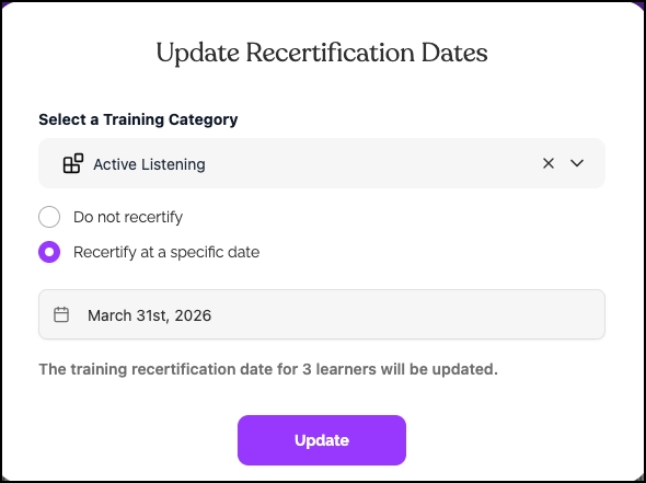 Update recertification dates pop up window